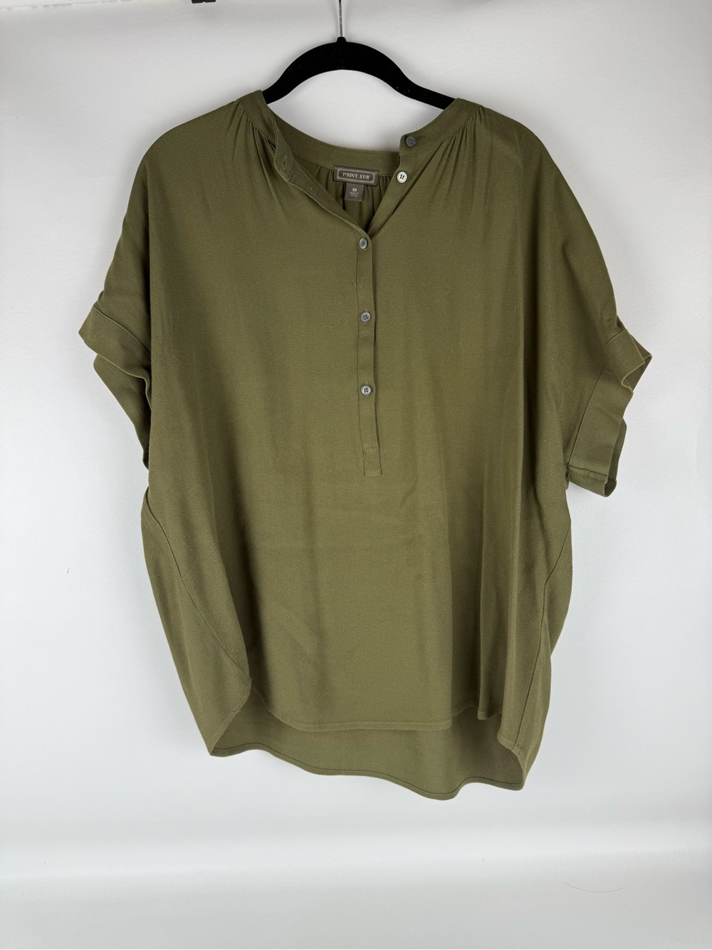 J.Crew Point Sur Green Viscose Henley Short Sleeve Blouse Relaxed Top